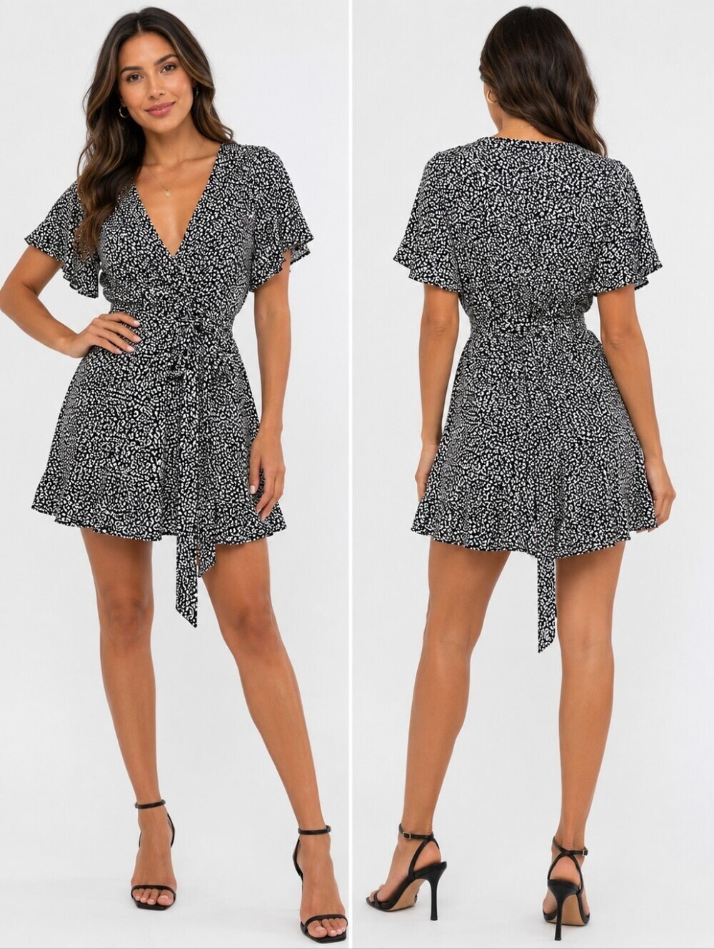 Kojooin Black White Animal Print Wrap Mini Dress Flutter Sleeve Women's XL.